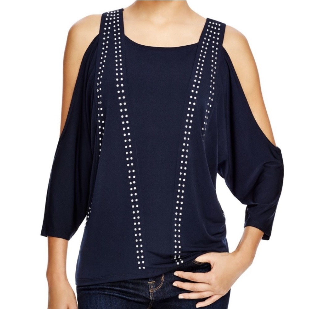 Michael Kors Navy Studded Cold Shoulder Bedazzled Long Sleeve Blouse (size S)